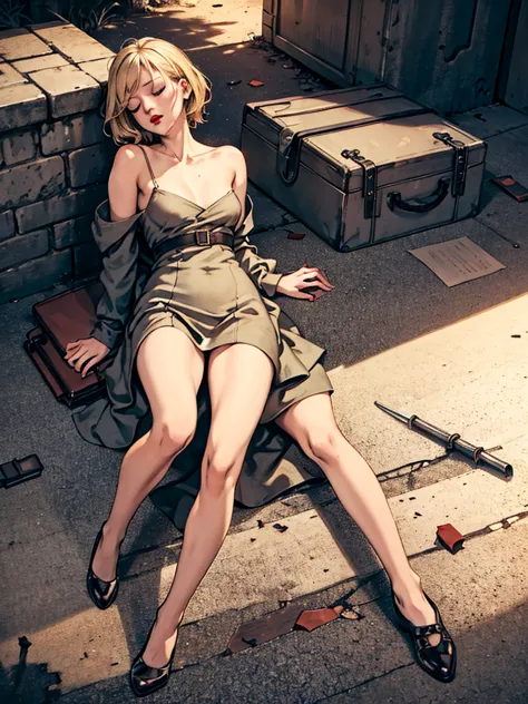 full body of  dead young blonde  woman in short low-cut dress lying on her back on dirty alley, closed eyes, dramatic poses and ...