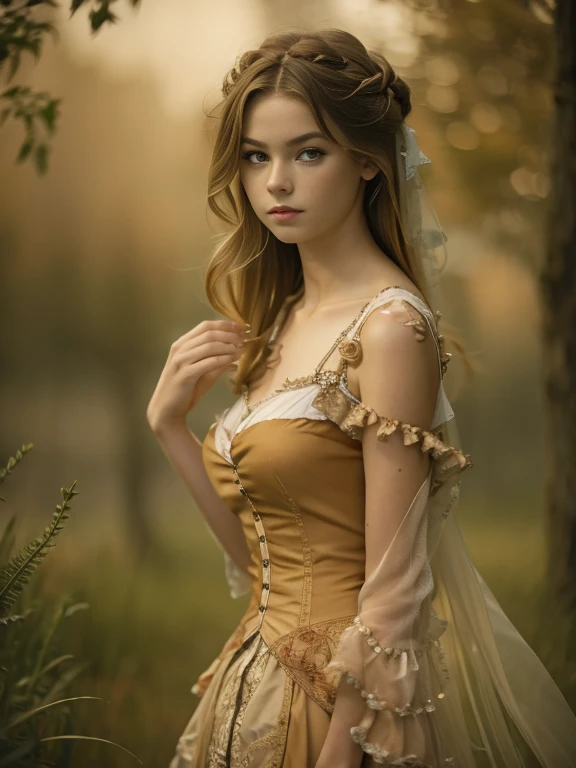 (Pure Color: 0.9), (Color: 1.1), (Masterpiece: 1,2), Top Quality, Masterpiece, High Resolution, Original, Highly Detailed Wallpaper, Beauty, Victorian, Dress, Melancholy, slender body, medium Breasts, Sepia Color, 25 years old, outdoor