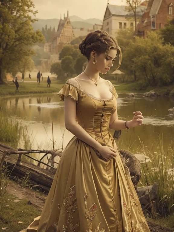 (Pure Color: 0.9), (Color: 1.1), (Masterpiece: 1,2), Top Quality, Masterpiece, High Resolution, Original, Highly Detailed Wallpaper, Beauty, Victorian, Dress, Melancholy, slender body, medium Breasts, Sepia Color, 25 years old, outdoor