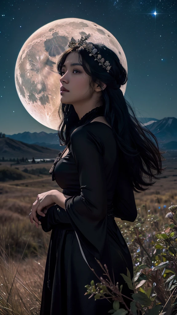 (Photorealistic),photograph,Best image quality, Ultra-high resolution, (realism: 1.5),One Witch,Landscape,Upper Body,Black Costume,Black Hair,alphonse mucha like,Moonlit Night,Starry Sky,Perfect human body,25-year-old woman,Gazing into the distance,Background: Small hill,(Japanese)