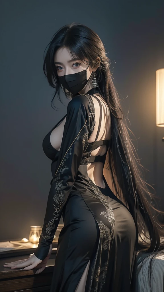 A stunningly beautiful woman with striking features, dressed in an intricately detailed ninja outfit. The scene is set at night, captured in breathtaking 8k resolution. Her attire is sleek and form-fitting, accentuating her lithe, athletic build. Her eyes are intense and focused, peering through a mask that covers the lower half of her face. She has long, flowing hair that cascades down her back, shimmering subtly under the moonlight.

The background is adorned with a glowing, fluorescent fantasy diagram, casting an ethereal light around her. The diagram is intricate, with arcane symbols and patterns that give the scene a mystical ambiance. The overall atmosphere is dark and enigmatic, highlighting the contrast between the shadowy environment and the luminous diagram. The high resolution captures every minute detail, from the textures of her outfit to the delicate glow of the diagram.
