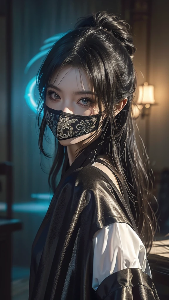 A stunningly beautiful woman with striking features, dressed in an intricately detailed ninja outfit. The scene is set at night, captured in breathtaking 8k resolution. Her attire is sleek and form-fitting, accentuating her lithe, athletic build. Her eyes are intense and focused, peering through a mask that covers the lower half of her face. She has long, flowing hair that cascades down her back, shimmering subtly under the moonlight.

The background is adorned with a glowing, fluorescent fantasy diagram, casting an ethereal light around her. The diagram is intricate, with arcane symbols and patterns that give the scene a mystical ambiance. The overall atmosphere is dark and enigmatic, highlighting the contrast between the shadowy environment and the luminous diagram. The high resolution captures every minute detail, from the textures of her outfit to the delicate glow of the diagram.
