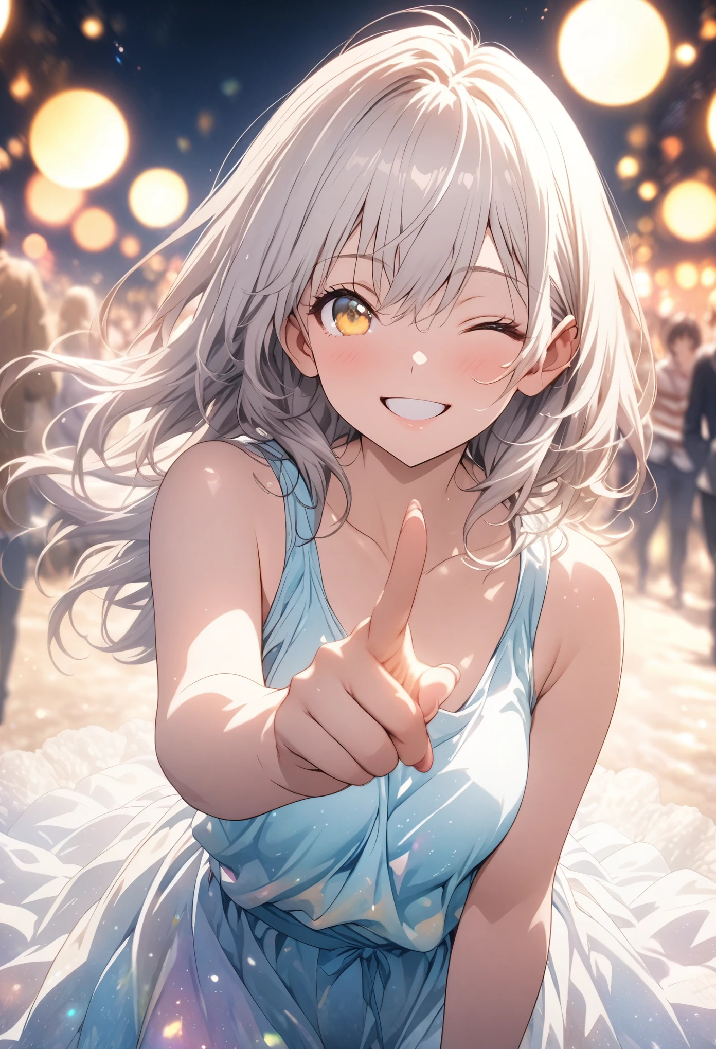 masterpiece, Highest quality, Highly detailed CG Unity 8K wallpapers, High School Girl Anime Illustration. Wear an oversized tank top、Love Dance Solo, Pointing the index fingers of both hands, she has her eyes closed and mouth open, smile. The background is a light pastel colored landscape.., white hair color, Yellow Eyes, bokeh photography, (soft focus):1.2, out-of-focus highlights, dreamy ambiance, glowing circles, mesmerizing depth, The background is realistic