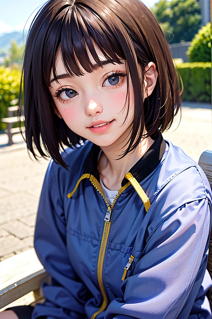 masterpiece, best quality, 1girl, solo, K-NANAMI, ((20yo, japanese face, japanese Actress)), short hair, black hair, black eyes, blue jacket, black gym-wear, (No expression), sitting, outdoors, sitting on a bench, ((upper body, face focus, face close-up)), smile, teeth,