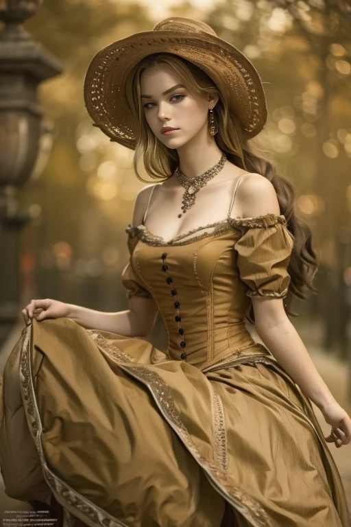 (Pure Color: 0.9), (Color: 1.1), (Masterpiece: 1,2), Top Quality, Masterpiece, High Resolution, Original, Highly Detailed Wallpaper, Beauty, Victorian, Dress, Melancholy, slender body, medium Breasts, Sepia Color, 25 years old, outdoor