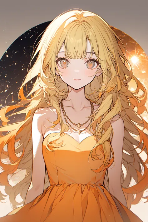 1 girl, cutestyle, gray-orange eyes, light yellow hair with orange strands, long hair with straight bangs, dressed in a light or...