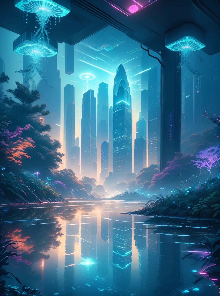 (best quality,4k,8k,highres,masterpiece:1.2),ultra-detailed,(realistic,photorealistic,photo-realistic:1.37),cyberpunk fish tank,mechanical jellyfish,glowing neon lights,high-tech futuristic atmosphere,detailed cybernetic fish,shimmering metallic scales,seamless blend of organic and mechanical elements,futuristic aquatic landscape,advanced holographic projection,transparent glass tank,reflective surfaces,subtle refractions of light,depth and dimension,city skyline in the background,silhouettes of towering skyscrapers,hovering drone-led surveillance,crisp and vibrant colors,pulsating neon hues,electric blue and neon purple color palette,subtle hints of green and orange,ambient LED lighting,gritty and dark undertones,moody and dystopian atmosphere,industrial aesthetics with cybernetic undertones,mystery and intrigue,futuristic technology juxtaposed with natural elements,immersive and captivating environment.