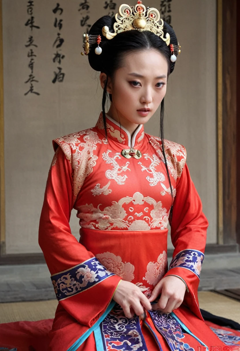 Chinese actress Ruyi Den's Jo Shun (Zhou Xun) similar face Qing Dynasty empress seen from the front full body empress red costume open and out large chest hair deep cunt.
Nudity.
Hair style of Chinese empress with large crown, hair parted from center of forehead to left and right, tied back, hair tied up with ornamental hair, outside stone tatami of Chinese palace of Qing Dynasty.