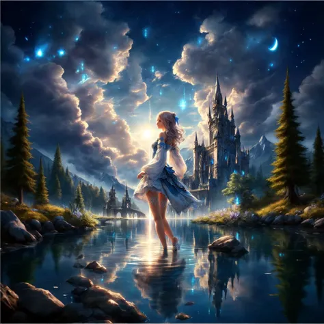 Painting of a girl standing in water with a castle in the background., Digital Fantasy Art, Beautiful fantasy paintings, beautif...