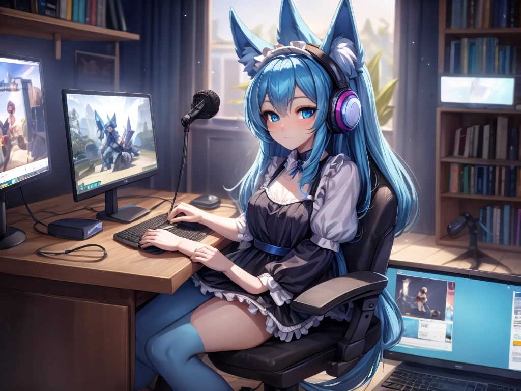 (Masterpiece) (High Detail) (High Res) A short humanoid girl with pale human skin and blue eyes and long blue hair and blue dog ears and a big fluffy dog tail and small breasts is sat at her PC computer playing video games. She is a twitch streamer and is streaming her games. Webcam, Microphone on microphone stand, large desk chair, headphones, stream deck, large lights, looking away from viewer. She is wearing a maid outfit and some headphones.