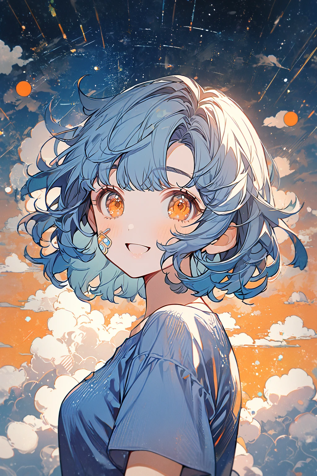 1 girl, CuteStyle, orange eyes, blue hair with green spots, clouds above her hair small, short hair with disheveled bangs, dressed in a blue T-shirt with white clouds, looking at the viewer, happy, upper body, patch on cheek, against the background of the cosmic sky, next to the sun, beautiful, detailed, delicate tones