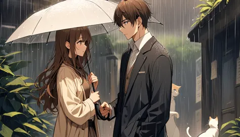 1 couple,brown long hair girl,man with brown hair,Standing with an umbrella when it rains,There is 1 white cat.,long night