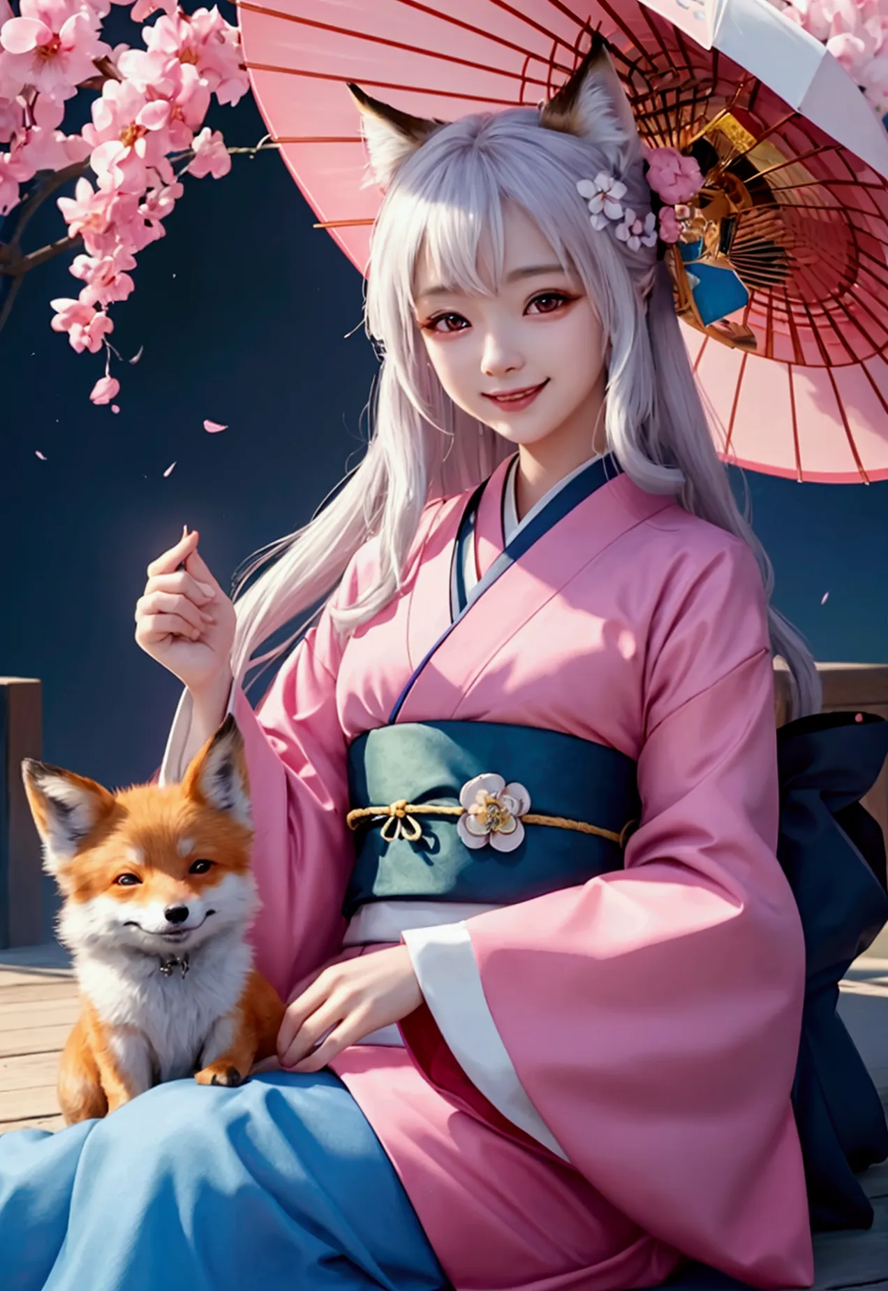 A woman in a kimono is holding a small dog,One girl,alone, Official art of a happy smiling face, unity 8k wallpaper, Super detai...