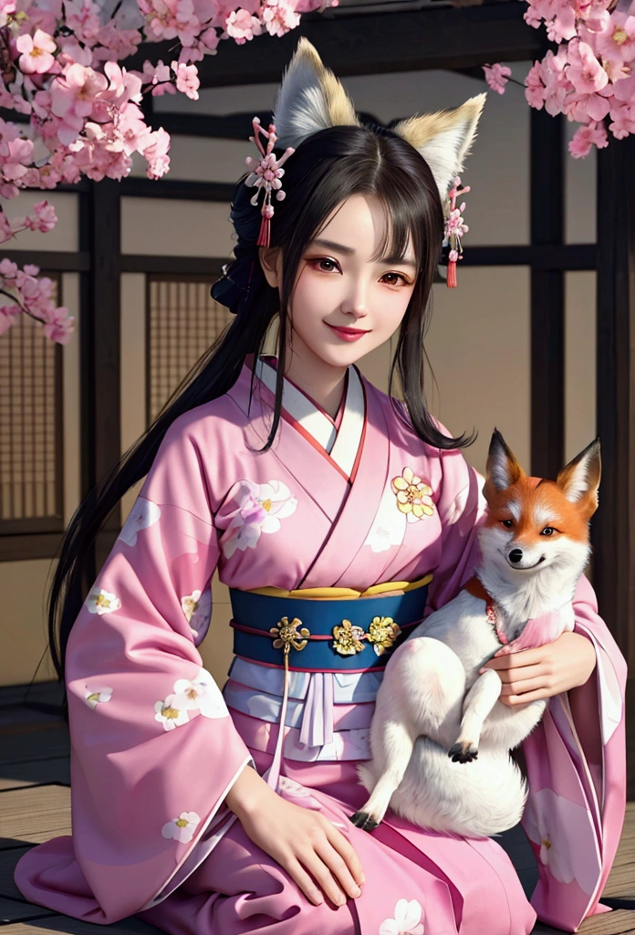 A woman in a kimono is holding a small dog,One girl,alone, Official art of a happy smiling face, unity 8k wallpaper, Super detailed, beautiful and aesthetic, beautiful, masterpiece, Highest quality, Fox Witch, kitsune mask, Pink and white haori, Foxfire spells, Foxes are familiar, conversion,Depth of written boundary