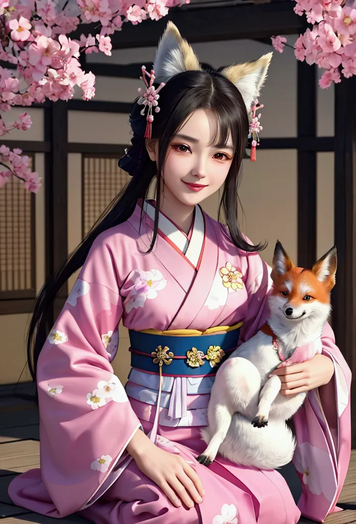 A woman in a kimono is holding a small dog,One girl,alone, Official art of a happy smiling face, unity 8k wallpaper, Super detai...