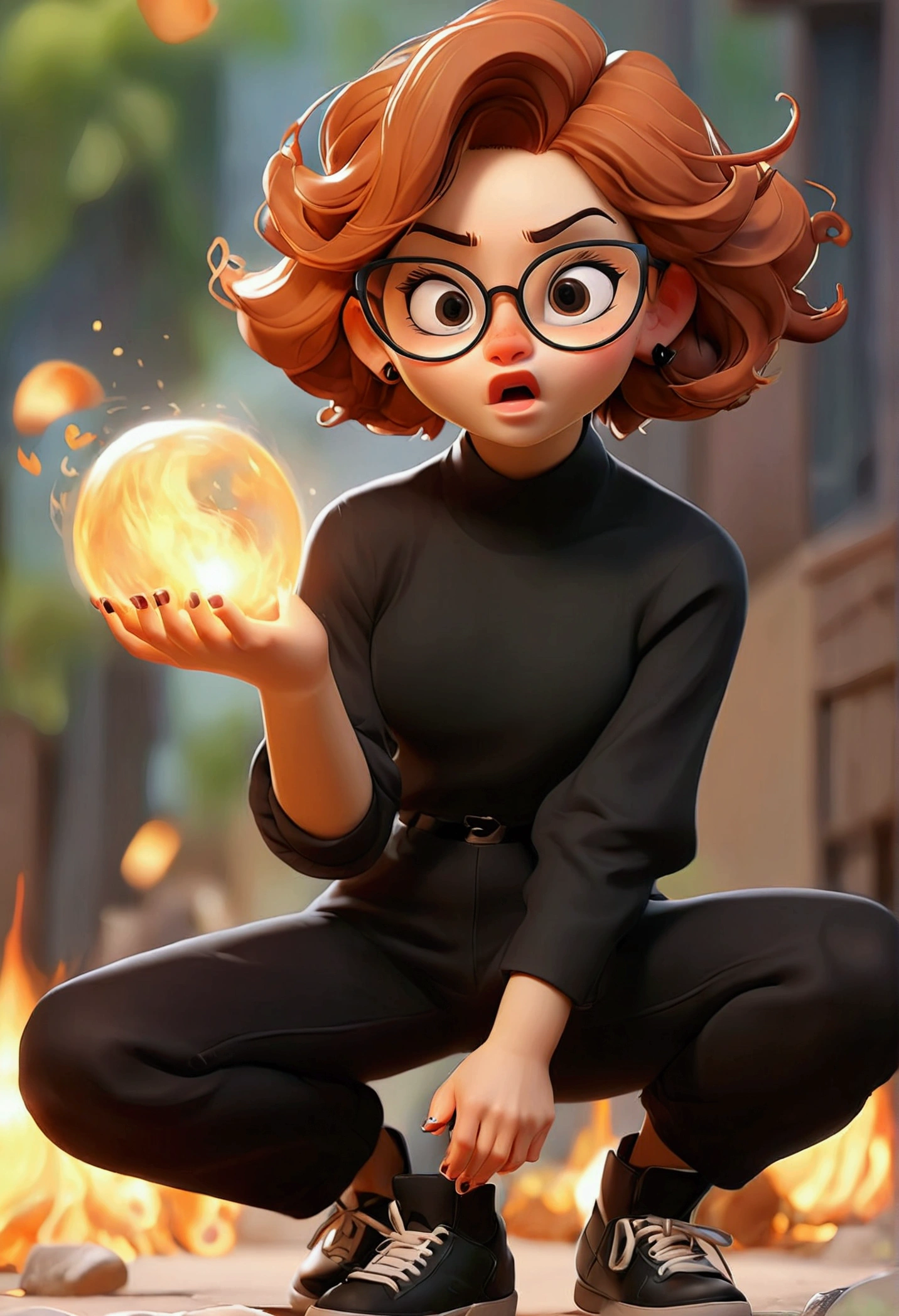 girl with short brown hair similar to jimin from bts, wearing glasses, top pants and black shoes summoning a fireball