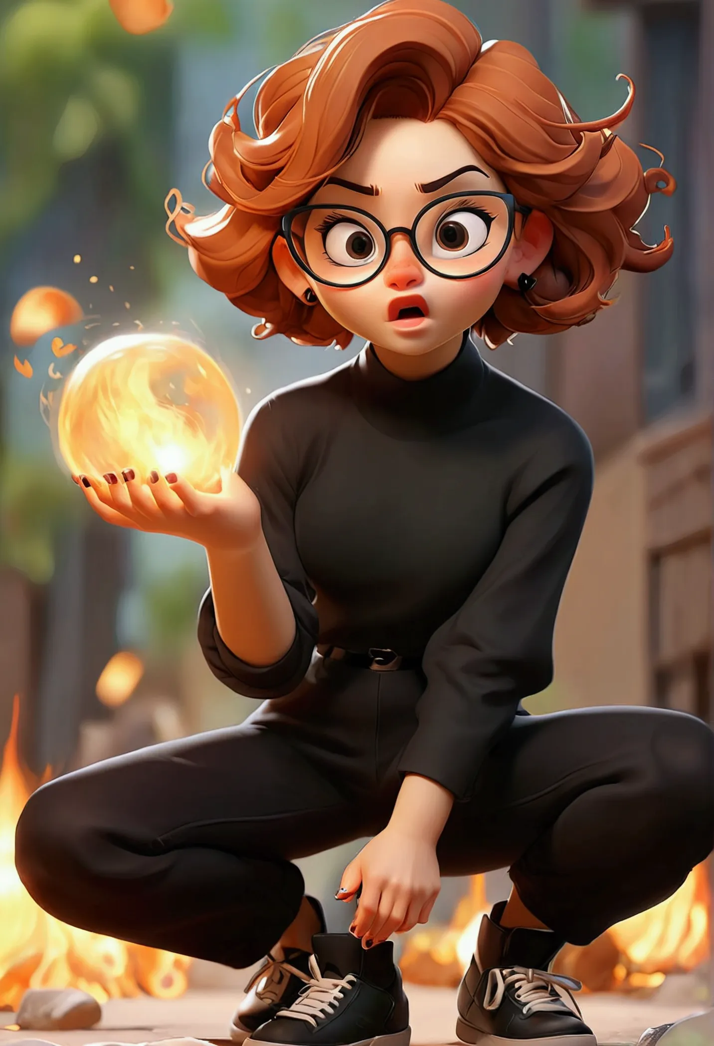 girl with short brown hair similar to jimin from bts, wearing glasses, top pants and black shoes summoning a fireball