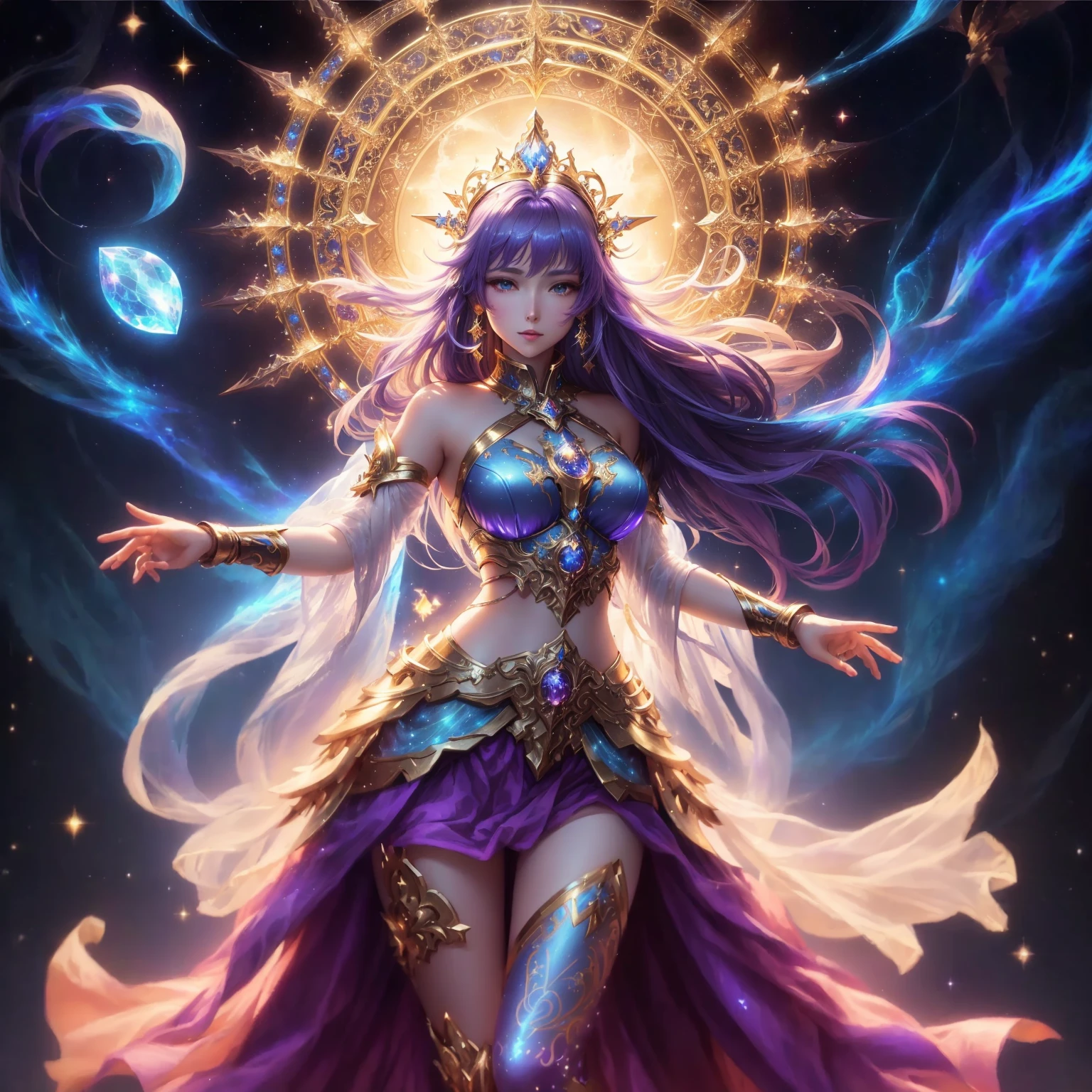 A woman in a purple dress has a blue and gold crown on her head., beautiful heavenly mage, goddess of heaven, Goddess of the Galaxy, Fantasy anime artwork, image of knight of the zodiac, anime goddess, Goddess of the universe, Beautiful Fantasy Empress, Doesn&#39;t exist like a star, A very detailed RTM pathogen., Masterpiece of the Goddess of Sorrow, fantasy anime illustration, Goddess of Light, beautiful goddess leo