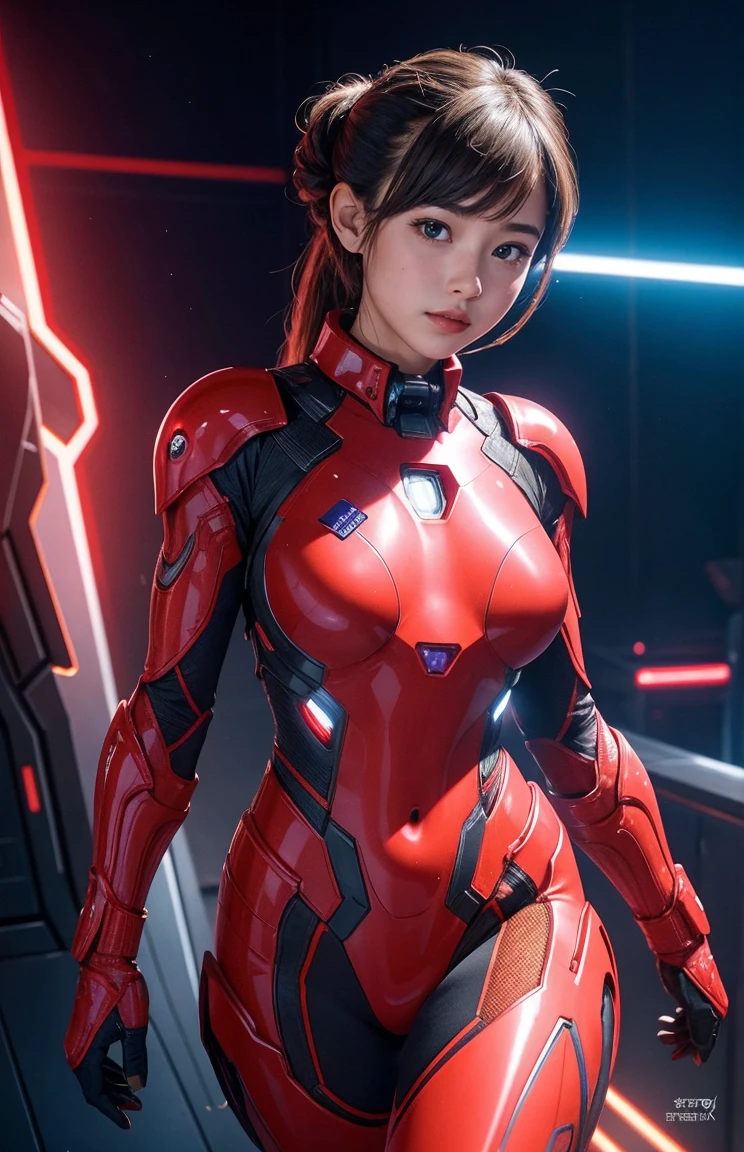 (raw photo, of the highest quality), (realist, Photoreal:1.3), 1 girl、realistbody、strawberry battle suit costume、Meteor shower from space、Battle against reptilian aliens、shield and ray gun、smile