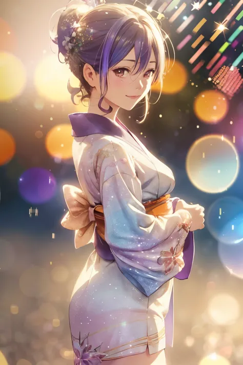 ((best quality)), ((masterpiece)), (detailed), a colorful background, beautiful androgynous, lace and velvet Yukata, beautiful face, beautiful legs, light orange eyes, very happy face, full body, colorful colors, detailed background beautiful, 7-eleven store, night vibe,high quality, 8K Ultra HD, 3D effect, A digital illustration of anime style, soft anime tones, Atmosphere like abandoned Kyoto Animation, luminism, three dimensional effect, luminism, 3d render, octane render, Isometric, awesome full color, delicate and anime character expressions, playful body manipulations, smile, gaze into the camera, Whimsical lighting, Enchanted ambiance, Soft textures, Imaginative artwork, Ethereal glow, Silent Luminescence, Whispering Silent, Iridescent Encounter, pixie dust glittering, vibrant background, full body, (((rule of thirds))), high quality, high detail, high resolution, (bokeh:2), backlight, long exposure:2 , Kirschblüte in ihrem Haar , walks through the abandoned House