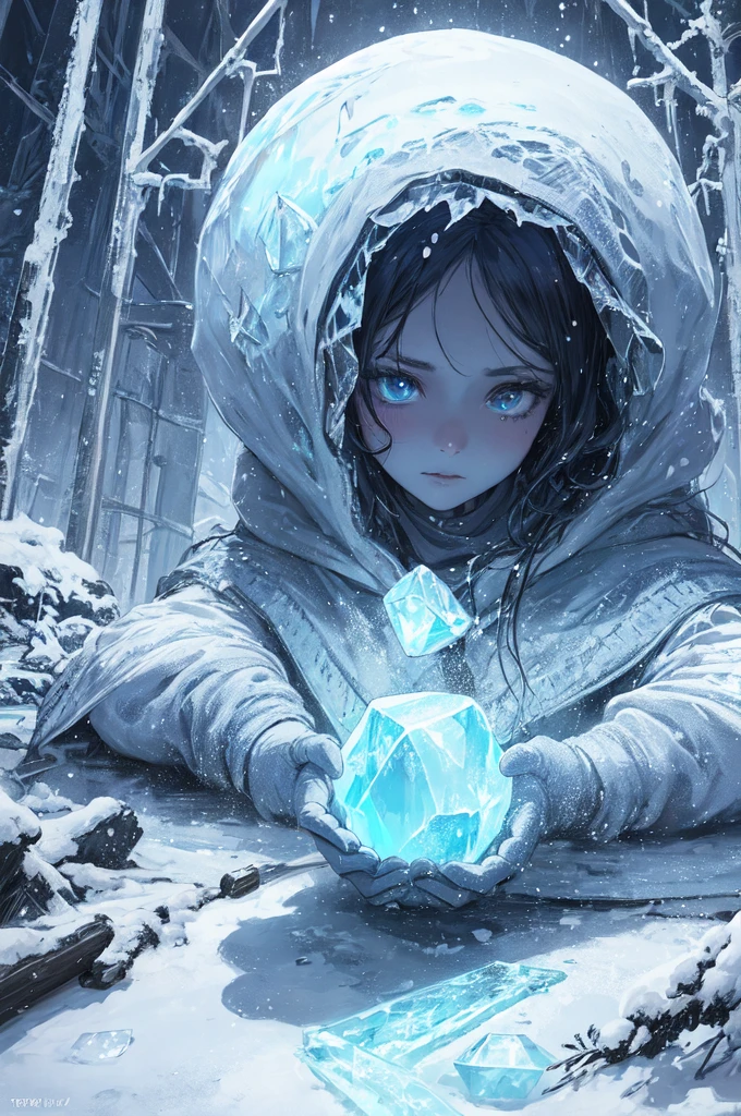 Backlight,cold,Ice storms,Witch，witch
(Blue Theme,,Glowing ice:1.3)，(masterpiece, best quality, Extremely detailed, Surrealism, photo), Snowstorm，暴Snowstorm，Frost，storm，crystallic，Crushed ice