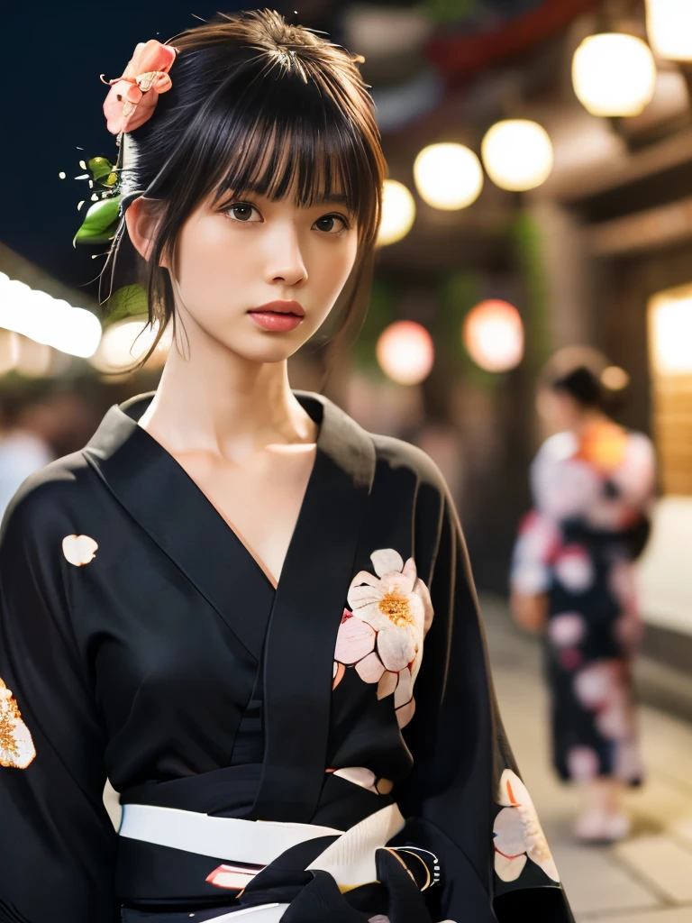 raw photo, 8k, (top-quality), Realistic, (real picture, Intricate details), (natural skin texture, detailed skin, hyper realism, sharpness), (pale skin:1.5), Japanese teenage girl walking in shopping street at night, (sexy floral black yukata:1.5), slender body, bun hairstyle, blunt bangs, night time