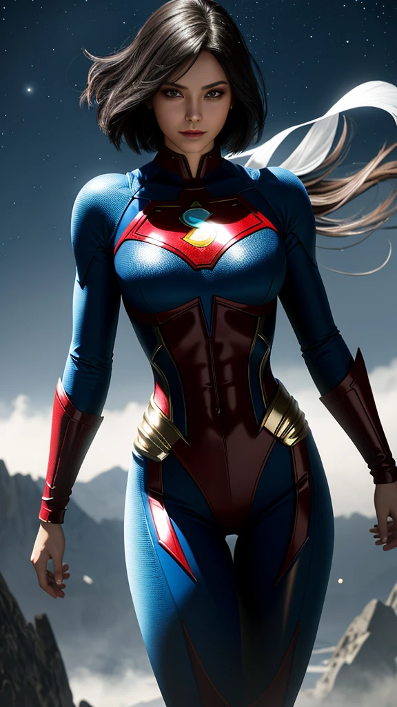 Superman version féminine.
Jeune femme vêtue de collants, cheveux courts style bob, yeux bleus,
- Costume ajusté entièrement blanc et rouge - costume qui met en valeur l&#39;anatomie féminine, 
- Debout, avec une posture ferme et confiante, Grandes hanches, grosses fesses, petite taille, grosse poitrine, survoler une ville avec un regard déterminé.
- Dans une pose sensuelle, Prêt pour l&#39;action, avec un bras tendu et l&#39;autre fléchi.
- Regard sensuel et malicieux, transmettre le désir .
- Un sourire doux mais confiant peut ajouter de la chaleur et rapprocher le personnage.
- Une scène cosmique avec des planètes et des étoiles, montrant votre connexion à l&#39;univers.
- Un paysage nocturne,
- Doux, lumière chaude qui met en valeur les textures et les détails du costume.
- Des ombres qui accentuent les muscles et la silhouette, créer un contraste dramatique.
- Des effets de lumière qui suggèrent l&#39;énergie et la puissance émanant du personnage.
- Les cheveux au vent, ajouter du dynamisme.
- Des effets visuels tels que des éclairs de lumière ou des auras qui améliorent votre pouvoir.
- Ajouter des éléments mobiles, comme les cheveux, pour donner vie et énergie à l&#39;image.
