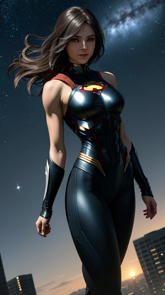 Superman version féminine.
Jeune femme vêtue de collants, cheveux courts style bob, yeux bleus,
- Costume ajusté entièrement blanc et rouge - costume qui met en valeur l&#39;anatomie féminine, 
- Debout, avec une posture ferme et confiante, Grandes hanches, grosses fesses, petite taille, grosse poitrine, survoler une ville avec un regard déterminé.
- Dans une pose sensuelle, Prêt pour l&#39;action, avec un bras tendu et l&#39;autre fléchi.
- Regard sensuel et malicieux, transmettre le désir .
- Un sourire doux mais confiant peut ajouter de la chaleur et rapprocher le personnage.
- Une scène cosmique avec des planètes et des étoiles, montrant votre connexion à l&#39;univers.
- Un paysage nocturne,
- Doux, lumière chaude qui met en valeur les textures et les détails du costume.
- Des ombres qui accentuent les muscles et la silhouette, créer un contraste dramatique.
- Des effets de lumière qui suggèrent l&#39;énergie et la puissance émanant du personnage.
- Les cheveux au vent, ajouter du dynamisme.
- Des effets visuels tels que des éclairs de lumière ou des auras qui améliorent votre pouvoir.
- Ajouter des éléments mobiles, comme les cheveux, pour donner vie et énergie à l&#39;image.
