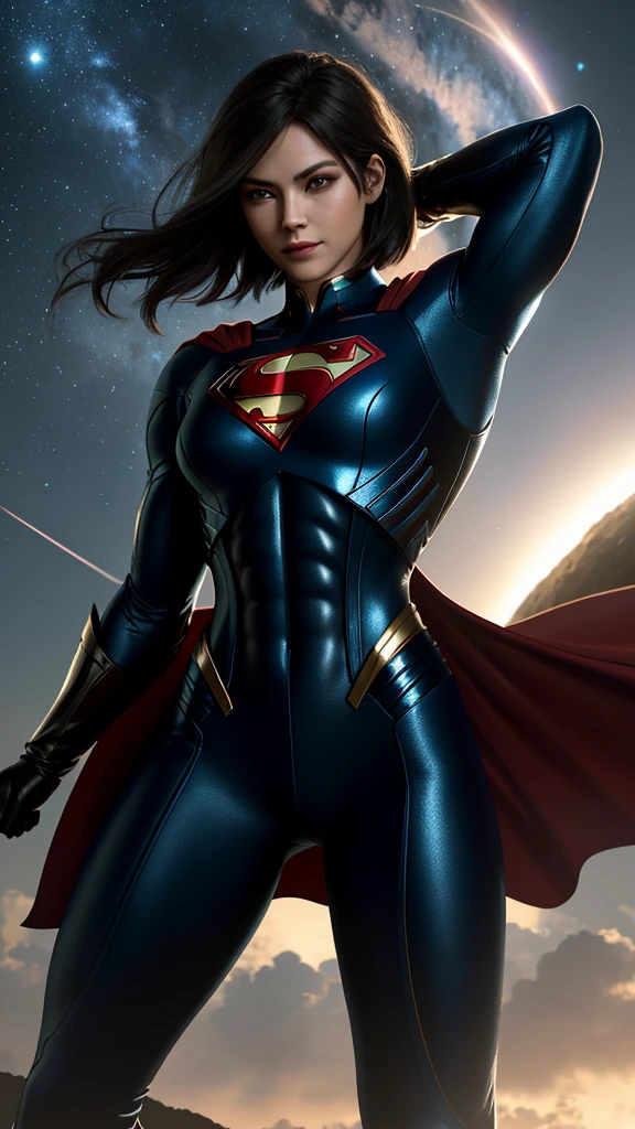 Superman female version.
Young woman dressed in tights, Short bob style hair, blue eyes,
- Entirely white and red fitted suit - suit that enhances female anatomy, 
- Standing, with a firm and confident posture, big hips, big buttocks, small waist, big chest, flying over a city with a determined look.
- In a sensual pose, ready for action, with one arm extended and the other flexed.
- Sensual and mischievous look, transmitting lust .
- A soft but confident smile can add warmth and bring the character closer.
- A cosmic scene with planets and stars, showing your connection to the universe.
- A night landscape,
- Soft, warm light that highlights the textures and details of the suit.
- Shadows that accentuate the muscles and figure, creating a dramatic contrast.
- Light effects that suggest energy and power emanating from the character.
- Hair blowing in the wind, adding dynamism.
- Visual effects such as flashes of light or auras that enhance your power.
- Add moving elements, like hair, to give life and energy to the image.
