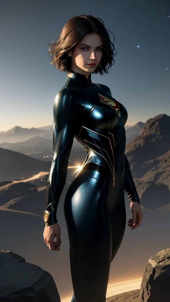 Superman version féminine.
Jeune femme vêtue de collants, cheveux courts style bob, yeux bleus,
- Costume ajusté entièrement blanc et rouge - costume qui met en valeur l&#39;anatomie féminine, 
- Debout, avec une posture ferme et confiante, Grandes hanches, grosses fesses, petite taille, grosse poitrine, survoler une ville avec un regard déterminé.
- Dans une pose sensuelle, Prêt pour l&#39;action, avec un bras tendu et l&#39;autre fléchi.
- Regard sensuel et malicieux, transmettre le désir .
- Un sourire doux mais confiant peut ajouter de la chaleur et rapprocher le personnage.
- Une scène cosmique avec des planètes et des étoiles, montrant votre connexion à l&#39;univers.
- Un paysage nocturne,
- Doux, lumière chaude qui met en valeur les textures et les détails du costume.
- Des ombres qui accentuent les muscles et la silhouette, créer un contraste dramatique.
- Des effets de lumière qui suggèrent l&#39;énergie et la puissance émanant du personnage.
- Les cheveux au vent, ajouter du dynamisme.
- Des effets visuels tels que des éclairs de lumière ou des auras qui améliorent votre pouvoir.
- Ajouter des éléments mobiles, comme les cheveux, pour donner vie et énergie à l&#39;image.
