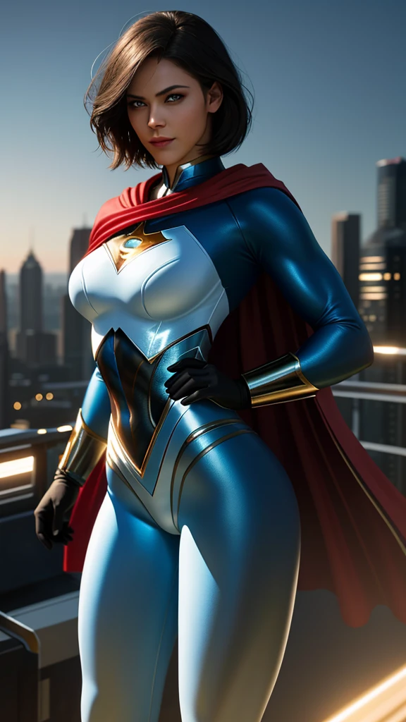 Superman female version.
Young woman dressed in tights, Short bob style hair, blue eyes,
- Entirely white and red fitted suit - suit that enhances female anatomy, nude naked.
- Standing, with a firm and confident posture, big hips, big buttocks, small waist, big chest, flying over a city with a determined look.
- In a sensual pose, ready for action, with one arm extended and the other flexed.
- Sensual and mischievous look, transmitting lust .
- A soft but confident smile can add warmth and bring the character closer.
- A cosmic scene with planets and stars, showing your connection to the universe.
- A night landscape,
- Soft, warm light that highlights the textures and details of the suit.
- Shadows that accentuate the muscles and figure, creating a dramatic contrast.
- Light effects that suggest energy and power emanating from the character.
- Hair blowing in the wind, adding dynamism.
- Visual effects such as flashes of light or auras that enhance your power.
- Add moving elements, like hair, to give life and energy to the image.
