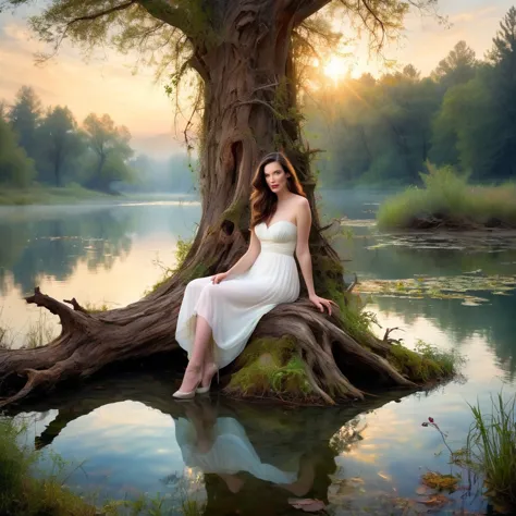 1 girl "liv tyler in heavenly white dress", ((enchanting)) pond setup, girl on one knee serene, far from the viewer ((dynamic cl...