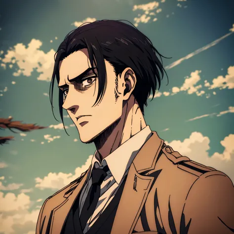 Attack on Titan screencap of male in mappa art style who has black hair  and has brown eyes. Show him in black shirt. Give him sharp jawline. Also show his small  beard hairs a little. He is alone. Show him wearing black suit.