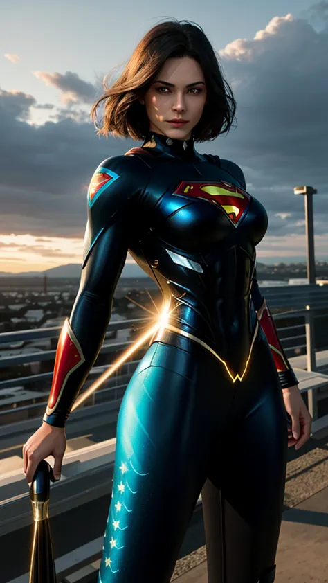 Superman female version.
Young woman dressed in tights, Short bob style hair, blue eyes,
- Entirely white and red fitted suit - ...