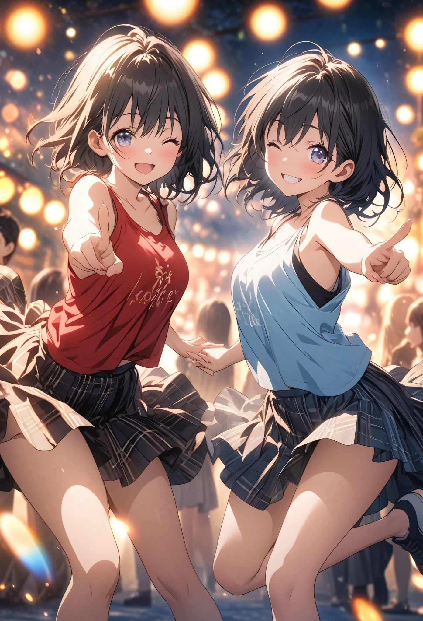 masterpiece, Highest quality, Highly detailed CG Unity 8K wallpapers, High School Girl Anime Illustration. Wear an oversized tank top, She is wearing a red and black checked skirt, Koi Dance, Pointing the index fingers of both hands, she has her eyes closed and mouth open, smile. Black Hair, black eye, twins, bokeh photography, (soft focus):1.2, out-of-focus highlights, dreamy ambiance, glowing circles, mesmerizing depth, The background is a realistic landscape