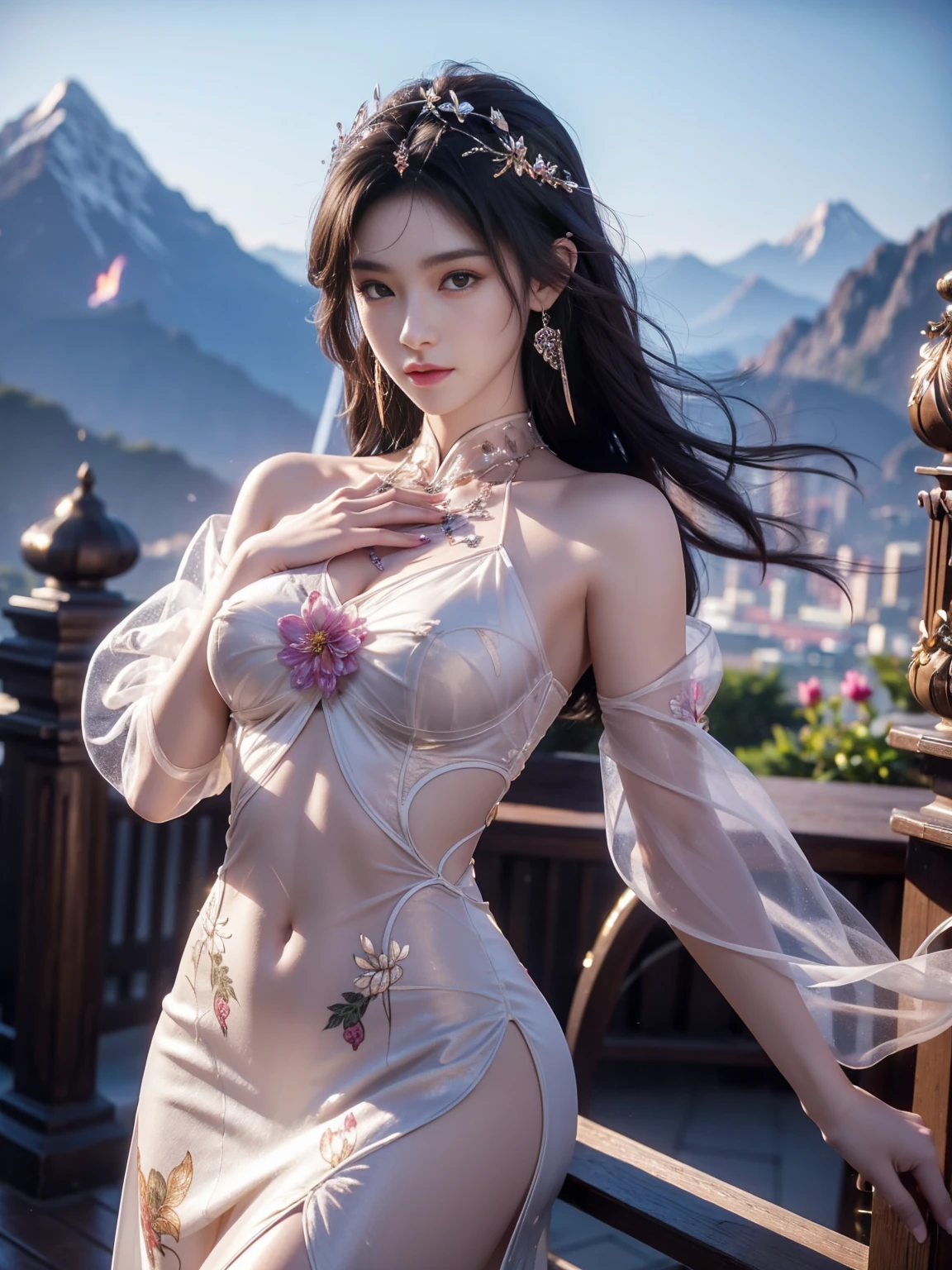 Top quality, masterpiece, high resolution, Chinese,，，，mountain peak，,The Peak,,,,,,Rooftop,,,,,,,naked,，stand erect，,1girl, charming appearance and personality, big body, extremely sexy, ，，，，Floral print ，， ，Floral print，， Light yellow floral fragments，，(transparent ), large hollow see-through, beautiful and delicate face, (desire figure) perfect slim figure (nipple slip: 0.5), perfect white skin，stand erect，，Smooth black long hair，，，，Black Hair