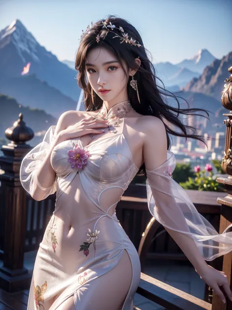 top quality, masterpiece, high resolution, chinese,，，，mountain peak，,the peak,,,,,,rooftop,,,,,,,naked,，stand erect，,1girl, char...