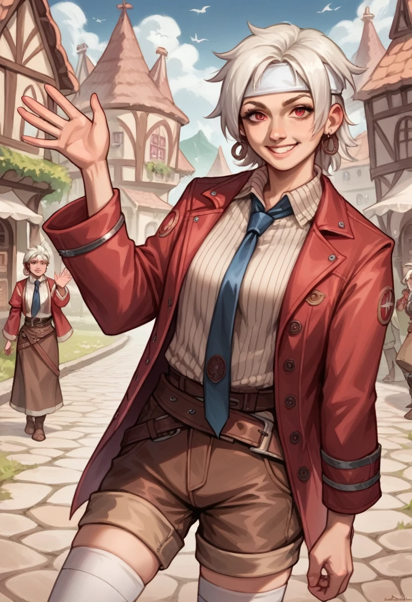 score_9, score_8_up, source_realistic, (female1.5), female focus, female body, white hair, red eyes, earring, white headband, red jacket, white striped shirt, blue necktie, brown shorts, belts, black, thighhighs, smiling, waving, standing, looking at you, medieval  village