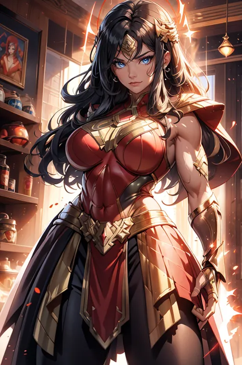 omnipotent muscular wonder woman, lava background, super strong huge biceps, sword and shield,omnipotent muscular wonder woman, ...