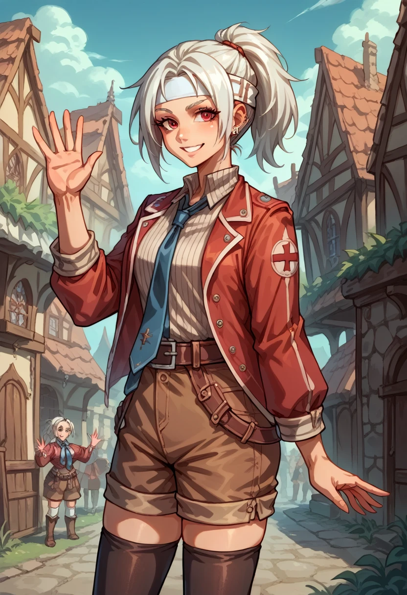 score_9, score_8_up,(female1.5), female focus, female body, white hair, red eyes, earring, white headband, ponytail, parted bangs, red jacket, white striped shirt, blue necktie, brown shorts, belts, black, thighhighs, smiling, waving, standing, looking at you, medieval  village