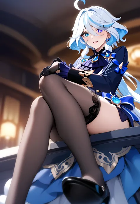 masterpiece, best quality, very aesthetic, absurdres, 1girl, mature_lady,taking off stockings,lace_dress, Jewelry, Earrings,sitting,from below,,furina(genshin impact), heterochromia,bule hair,blue eyes,,blur background,background defocus,