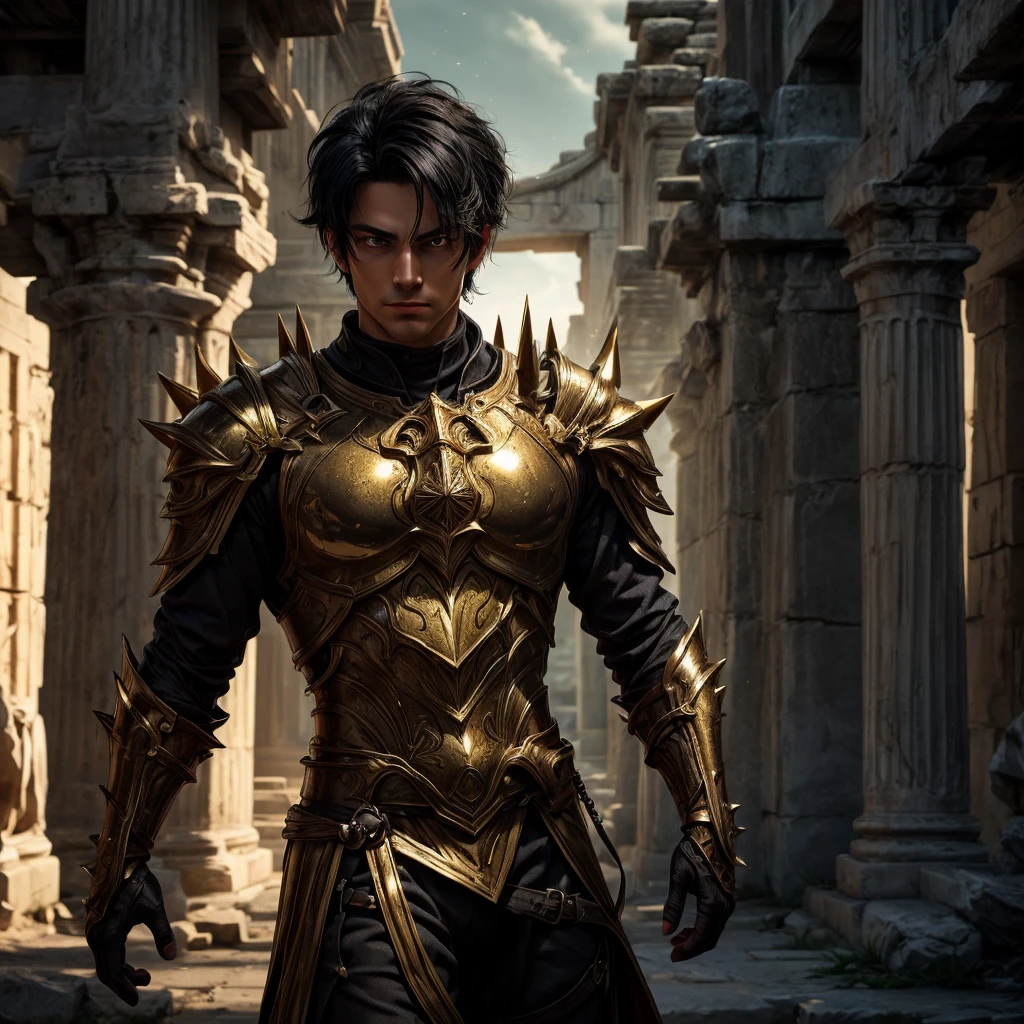 A handsome man wirh short spiky black hair, with a solemn expression looking towards the camera, his red eyes shows a hint of nostalgia, he wears a beautiful glimmering gold armor that covers his entire body and that shines in the darkness,  he stands in front of a greek temple