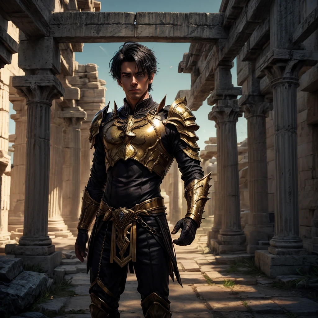 A handsome man wirh short spiky black hair, with a solemn expression looking towards the camera, his red eyes shows a hint of nostalgia, he wears a beautiful glimmering gold armor that covers his entire body and that shines in the darkness,  he stands in front of a greek temple