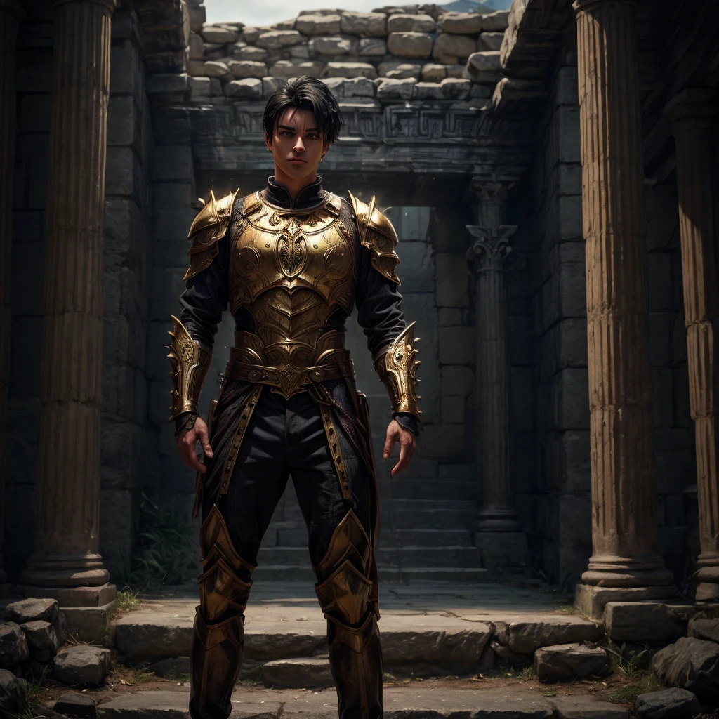 A handsome man wirh short spiky black hair, with a solemn expression looking towards the camera, his red eyes shows a hint of nostalgia, he wears a beautiful glimmering gold armor that covers his entire body and that shines in the darkness,  he stands in front of a greek temple