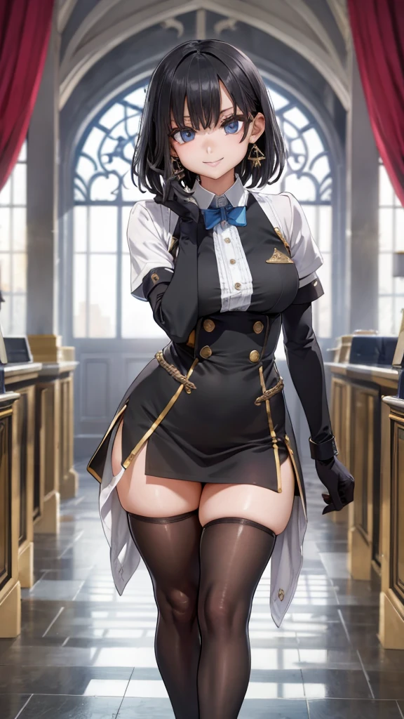 Face Focus , ((Highest quality)), ((Tabletop)), Perfect Face, （((Black knee-highs))) ,   Official Art,Black knee-highsソックス, Ultra-high resolution ,Ultra-high resolution,8k,Beautiful Face,smile,Standing posture,black tights,((Thick thighs)),(((One Woman))),Bedroom,short hair,Black Hair,Plump,Inside the room,uniform,((((Black gloves)))),tie,Earrings