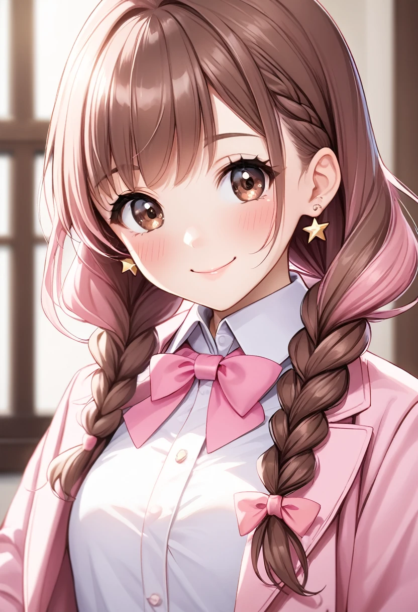 1girl, solo, long hair, looking at viewer, blush, smile, bangs, brown hair, white shirt, bow, pink coat, brown eyes, jewelry, closed mouth, pink scarf, upper body, pink hair, braid , hair bow, earrings, collared shirt, star \(symbol\), double braids, pink bow,