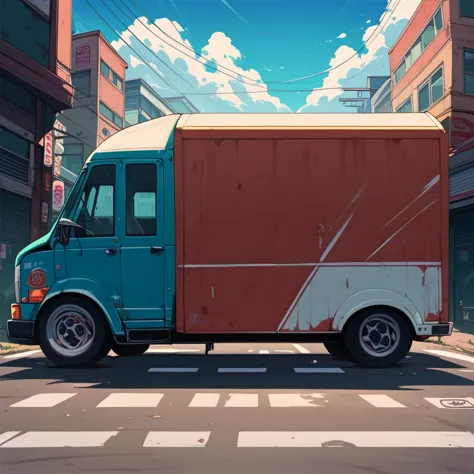 realistic photo of a truck turning right on a double lane street, view of the person behind the truck