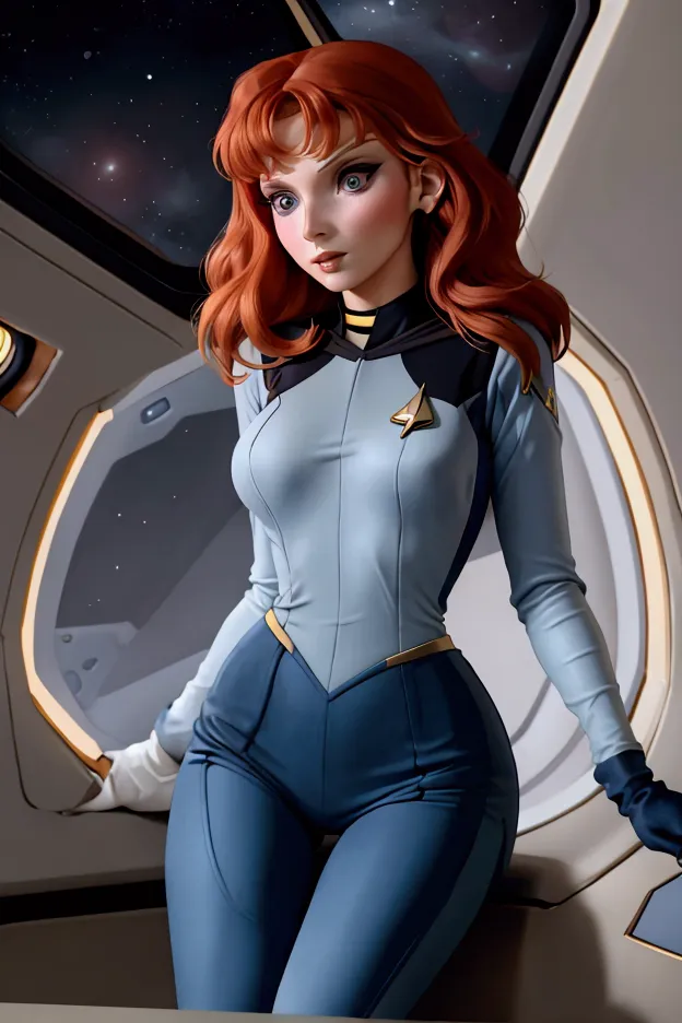 (Beverly Crusher, age 25, sexy revealing star fleet uniform) being a sexy smoldering hot seductress as she goes about her duties...