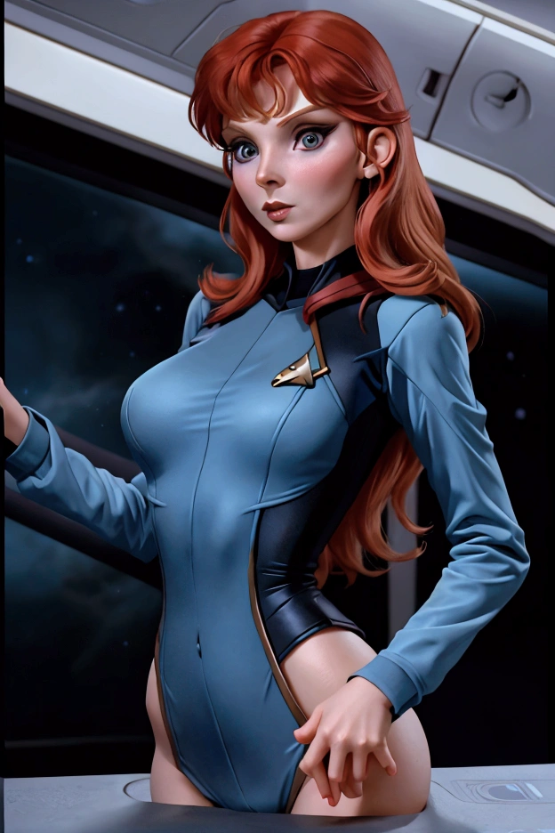 (Beverly Crusher, age 25, sexy revealing star fleet uniform) being a sexy smoldering hot seductress as she goes about her duties on the Enterprise starship
