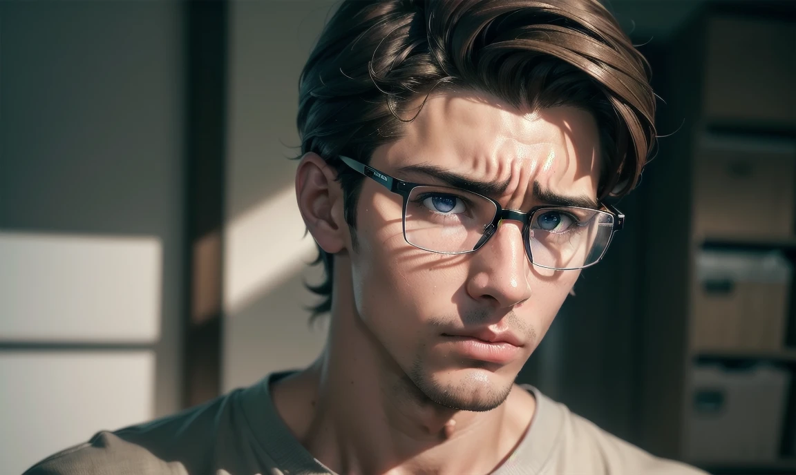 "((highly detailed, detailed eyes, detailed face, clear and realistic facial features, photorealistic, realistic light; cinematic)),(((((1 person))))), (((attractive nerd dorky 18-year-old guy))), ((((irritated unimpressed look)))), (((((thick ugly nerd glasses))))), ((brown hair)), ((((ugly hairstyle)))), ((slender build)), (((sexy lips))),((bad teenage skin)), ((light brown eyes)), (((nerdy clothes))), (((gay)))."